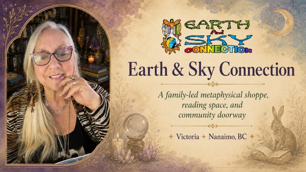 Earth & Sky Connection founder Tamare White-Wolf with shop and tarot background