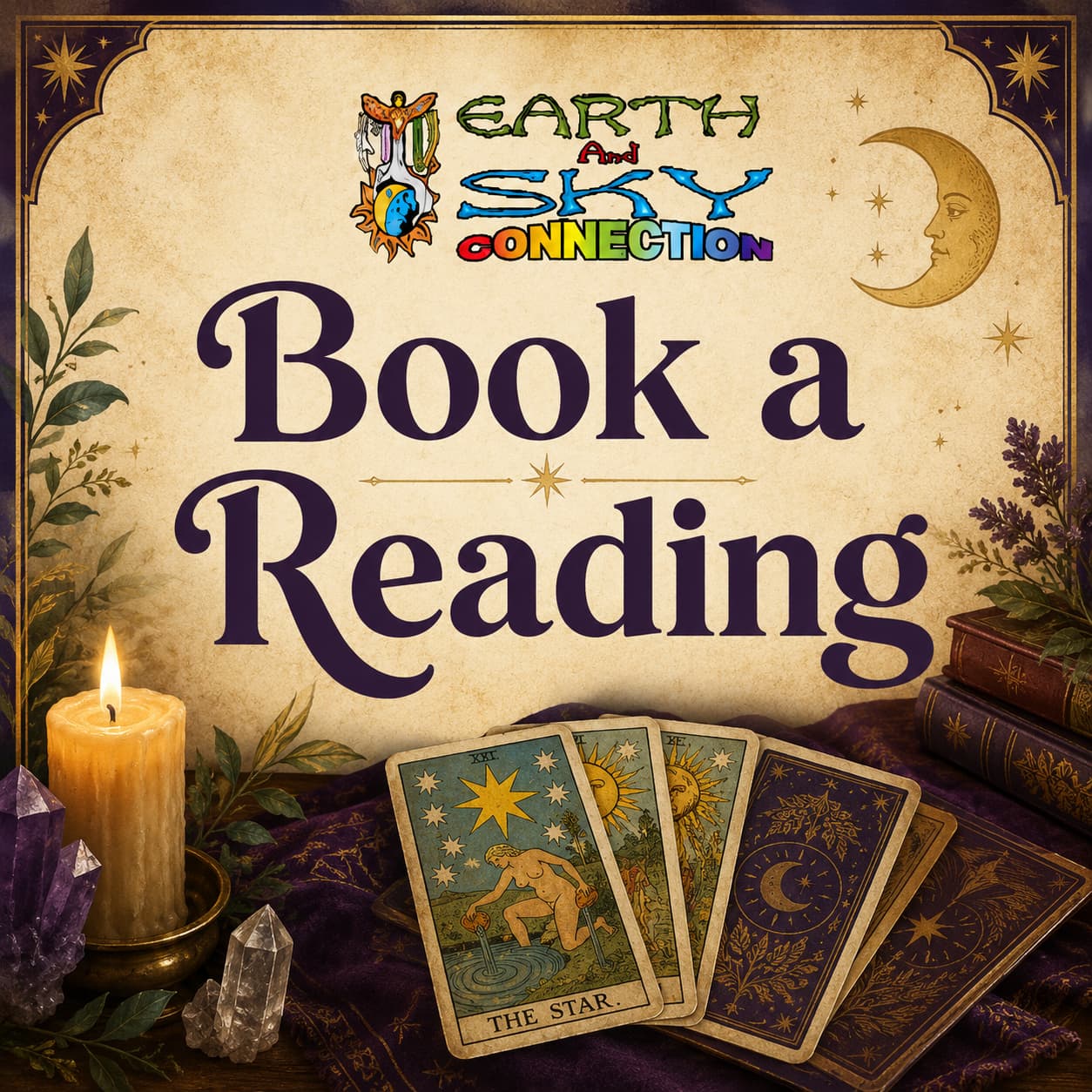 Earth & Sky Connection Book a Reading illustrated tarot and candle path card