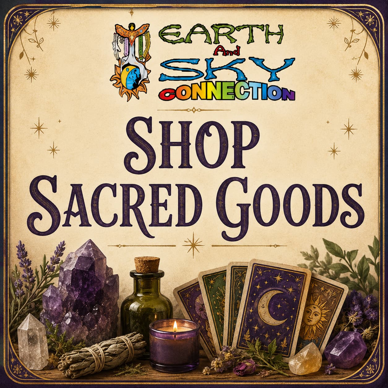 Earth & Sky Connection Shop Sacred Goods illustrated crystals, tarot, herbs, and sacred goods path card