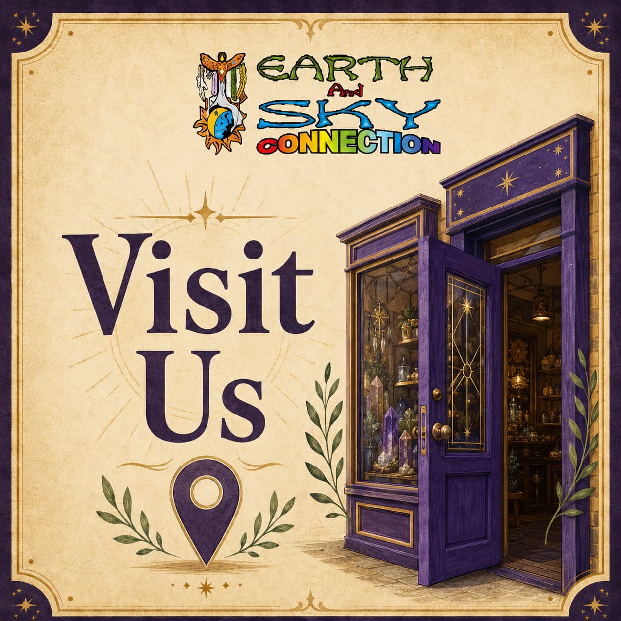 Earth & Sky Connection Visit Us illustrated shop doorway path card