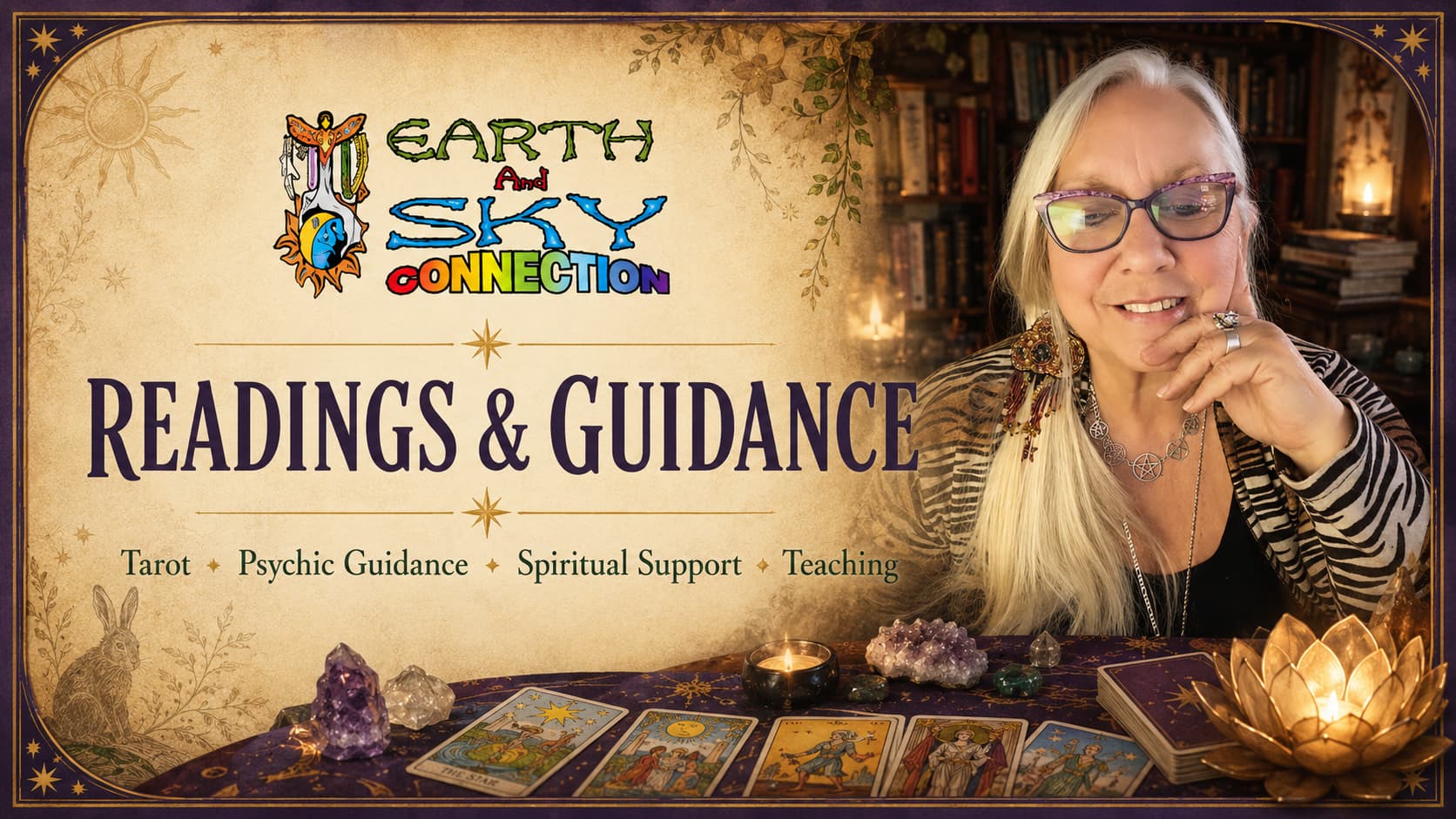 Earth & Sky Connection Readings and Guidance hero image with tarot, candle, crystals, and Tamare White-Wolf