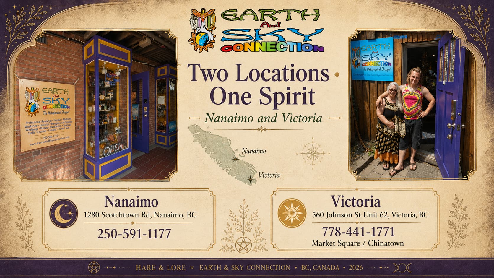 Earth & Sky Connection two locations graphic showing Nanaimo and Victoria shop information